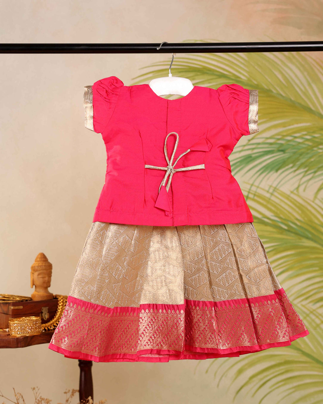 Kids Pattu Pavadai Readymade a Traditional Ethnic Gown with Zari Border & Puff Sleeves  - Pink