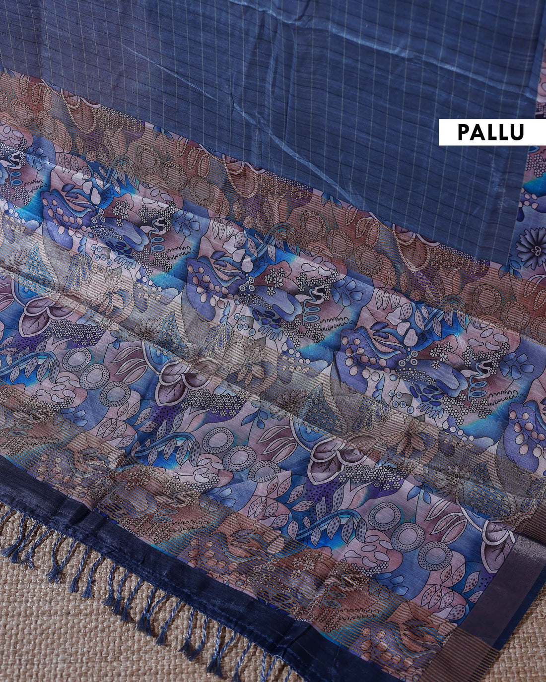 Elegant Kantha Cotton Saree with Subtle Checkered Weave and Artistic Floral Patterned Border - Blue