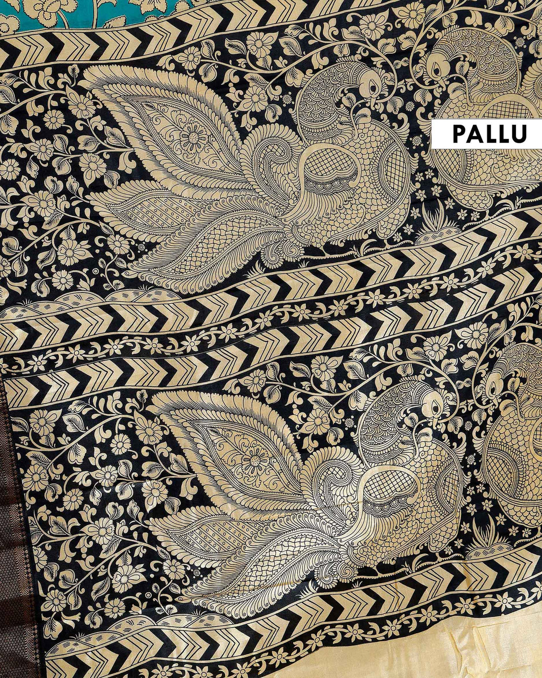 Traditional Mangalagiri Kalamkari Semi Silk Saree with Intricate Floral and Avian Motifs - Blue