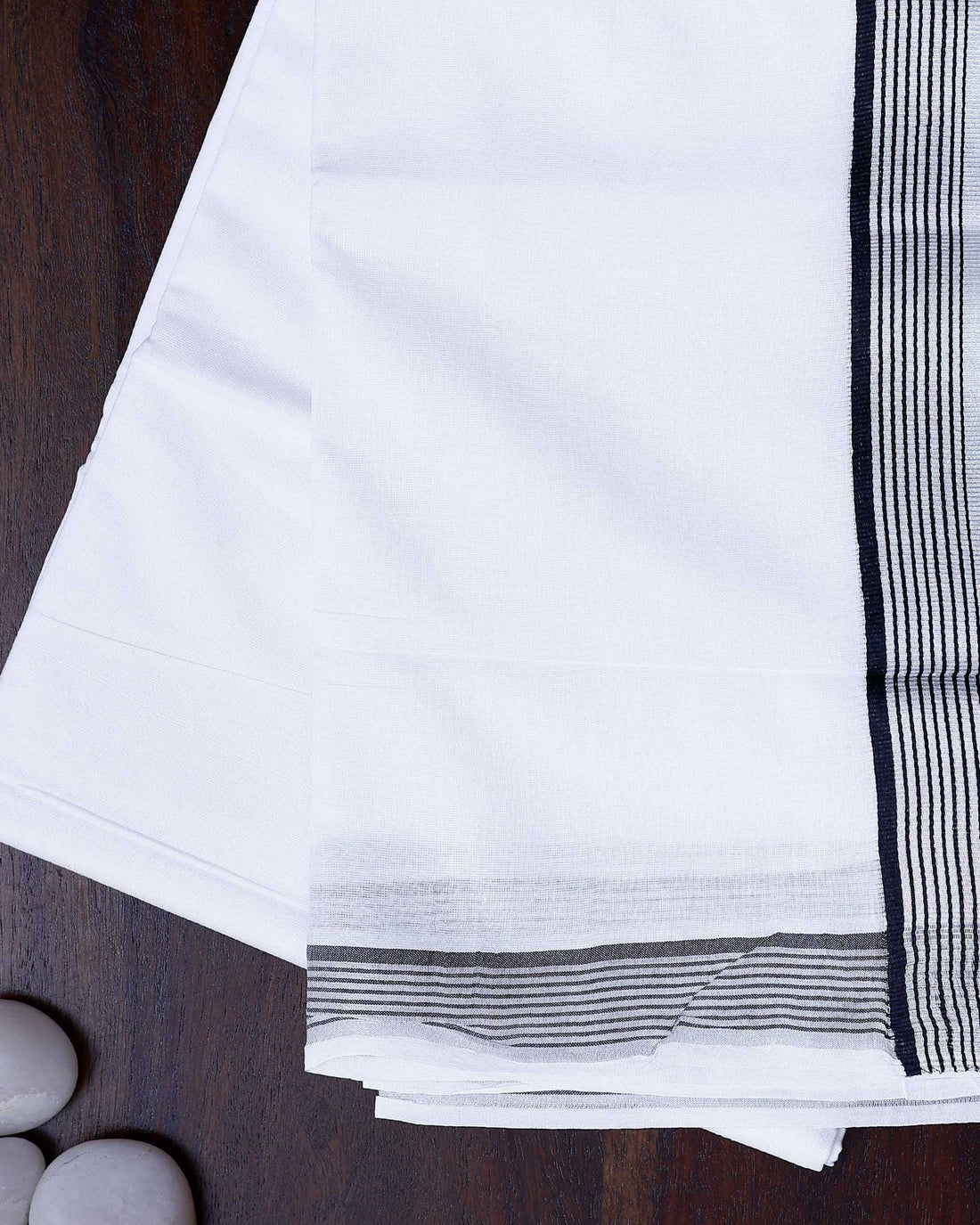 Men's Traditional Handwoven Cotton Dhoti with Black Striped Border and Elegant Finish - White