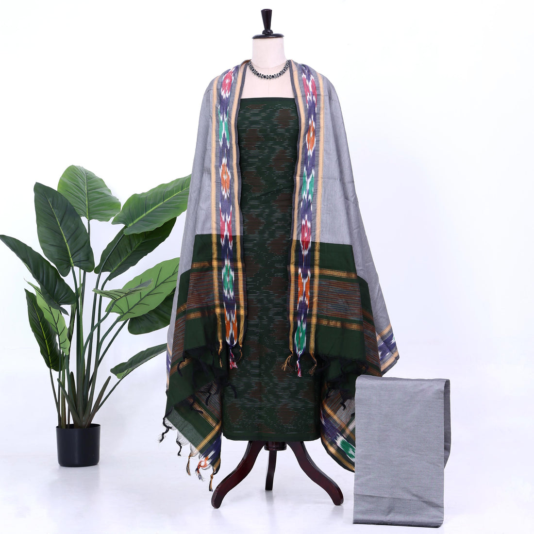 Bottle Green Cotton Unstitched Salwar Material for Women | Ethnic Summer Collection | Jeyachandran - Full View