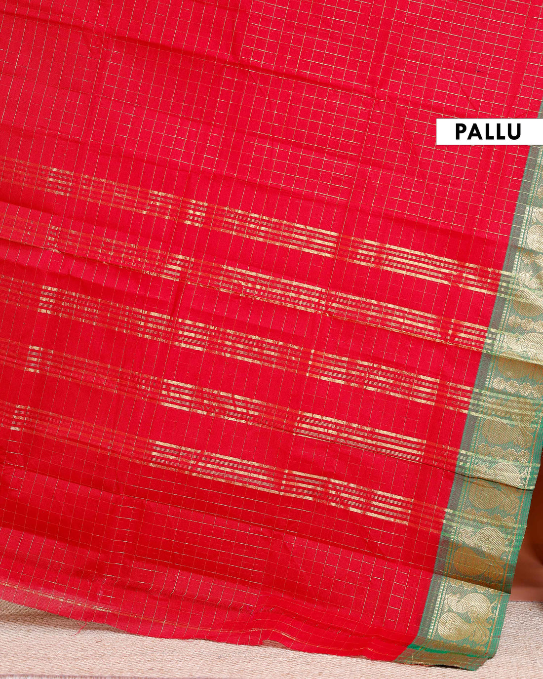 Chettinad Cotton Saree with Fine Checked Weave and Peacock Zari Border - Red