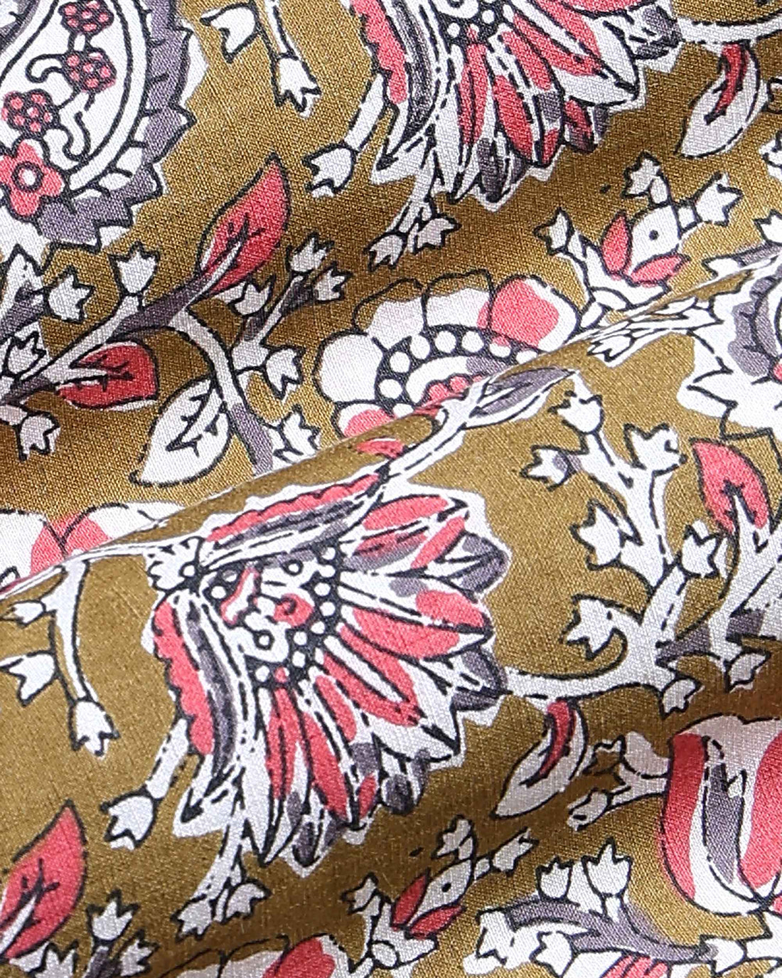 Women’s Traditional Printed Cotton 1 Meter Blouse Material with Floral and Vine Motifs  - Olive Green