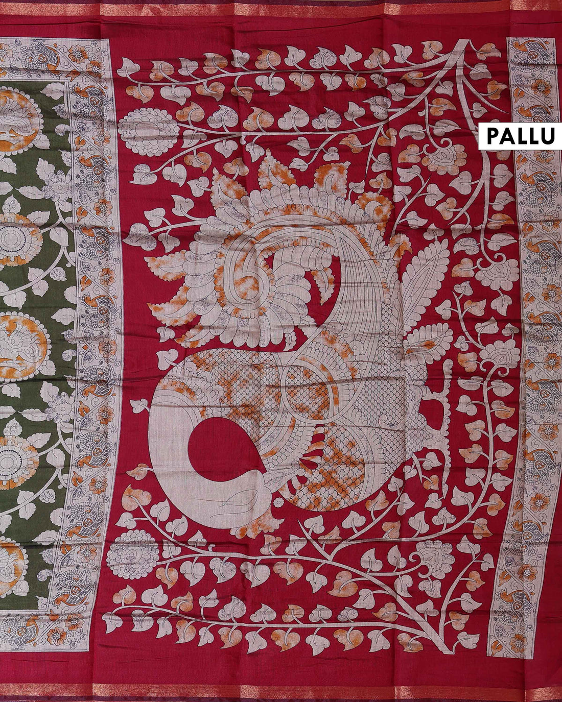 Elegant Traditional Semi Chanderi Kalamkari Saree with Peacock and Floral Motifs with Woven Border - Green