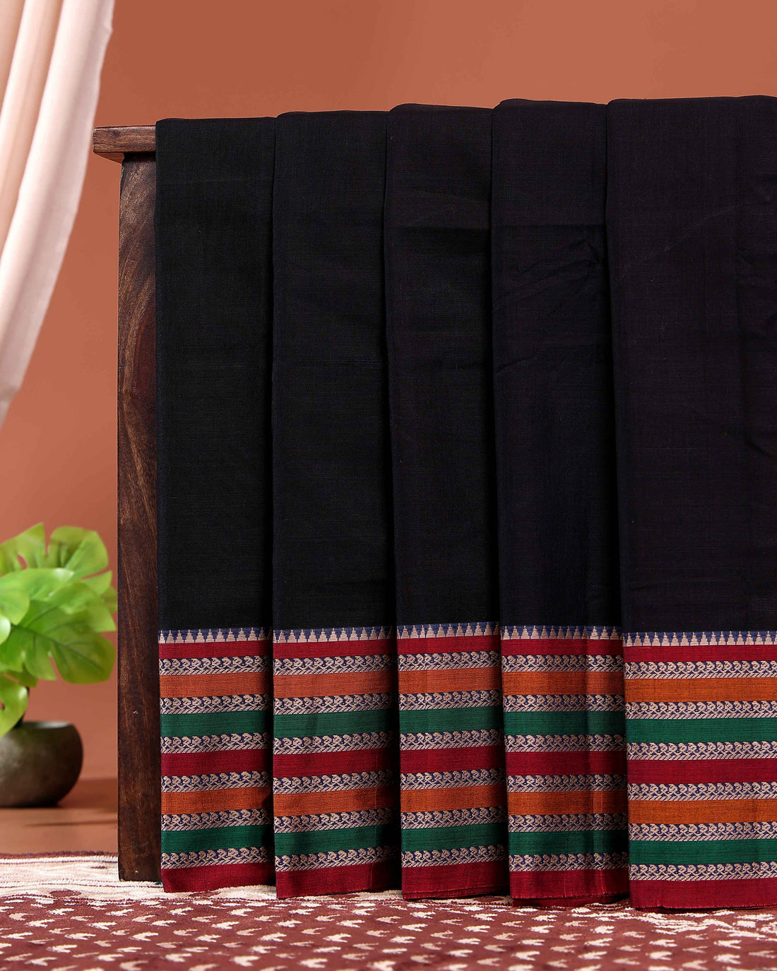 Elegant Narayanpet Cotton Saree Classic Temple Border and Striped Pallu - Black
