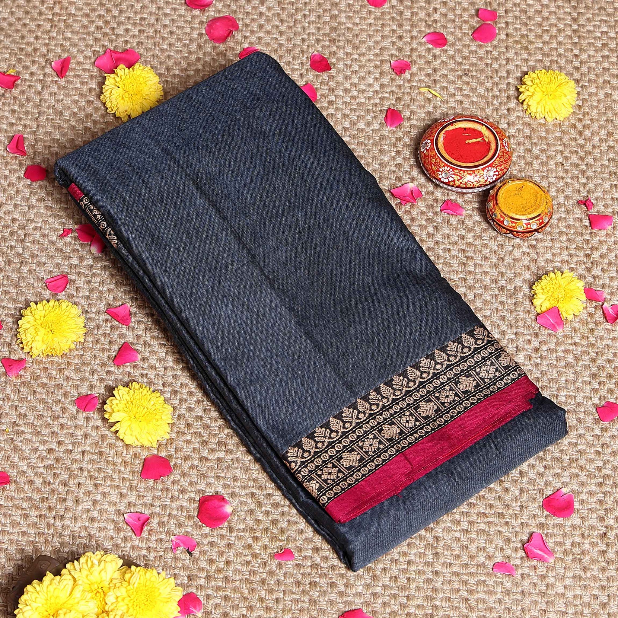 Traditional Narayanpet Cotton Saree with Traditional Zari Border & Temple Motif Detailing - Dark Grey