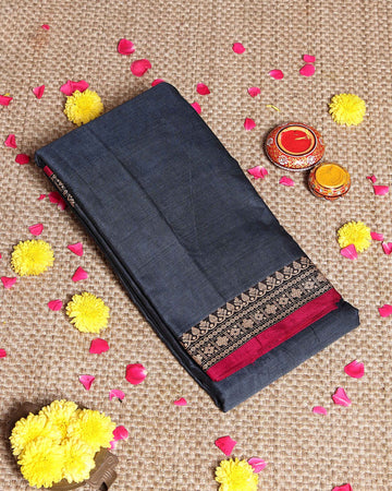Traditional Narayanpet Cotton Saree with Traditional Zari Border & Temple Motif Detailing - Dark Grey