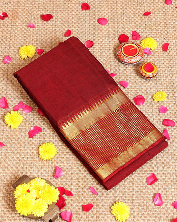 Traditional Handloom Narayanpet Cotton Saree with Traditional Contrast Zari Border - Red