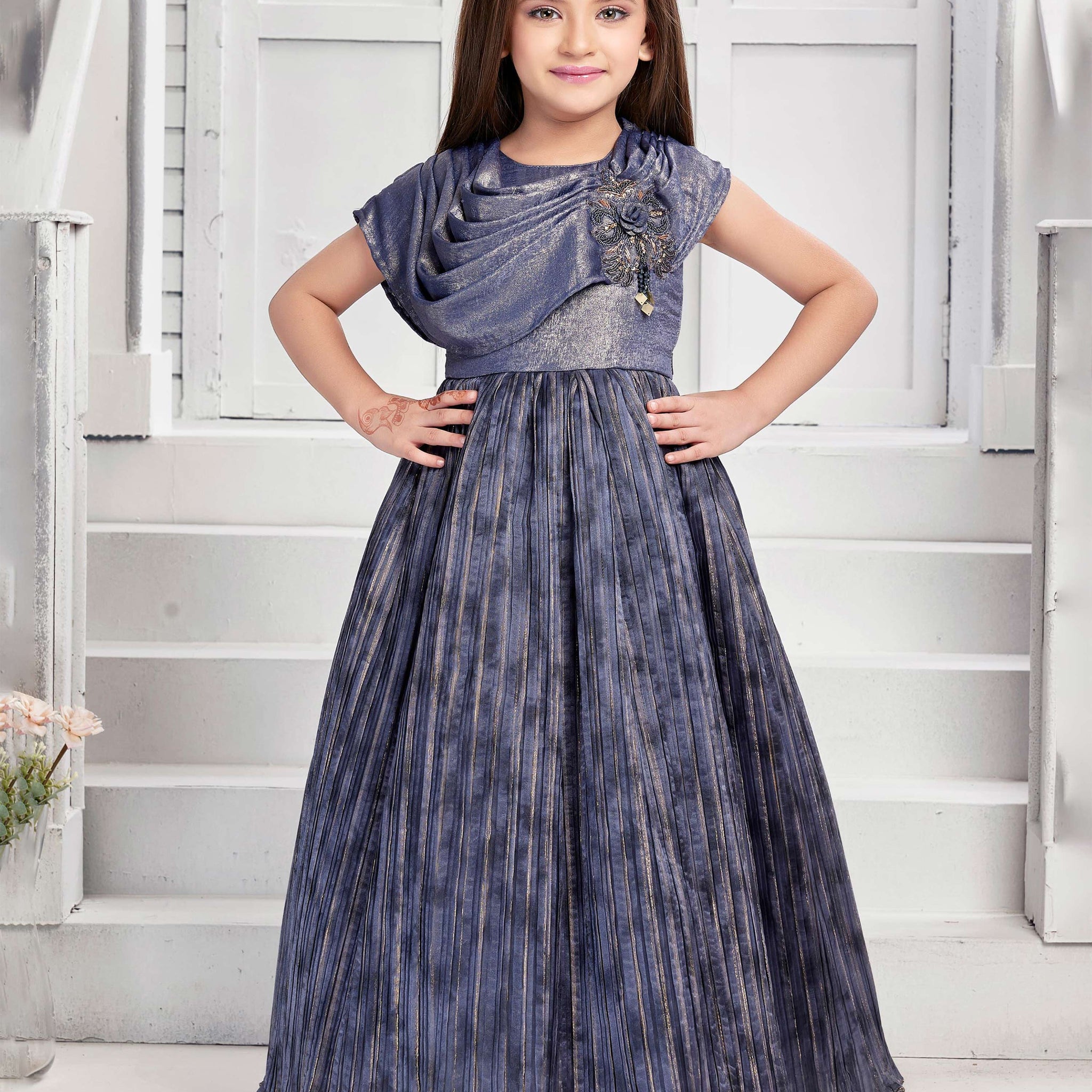 Double Shade Color Floral Embellishment Work Frock