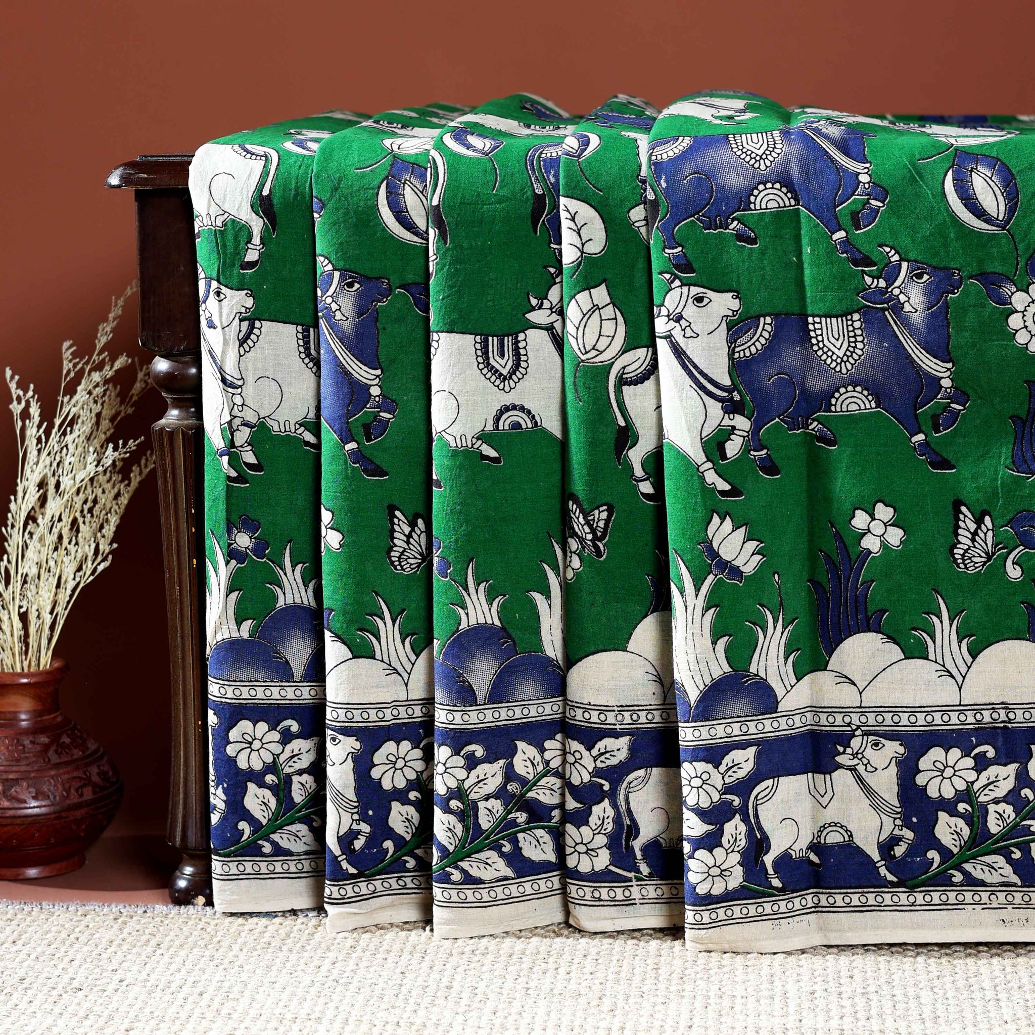 Traditional Handloom Kalamkari Cotton Saree with Intricate Floral and Avian Motifs - Green