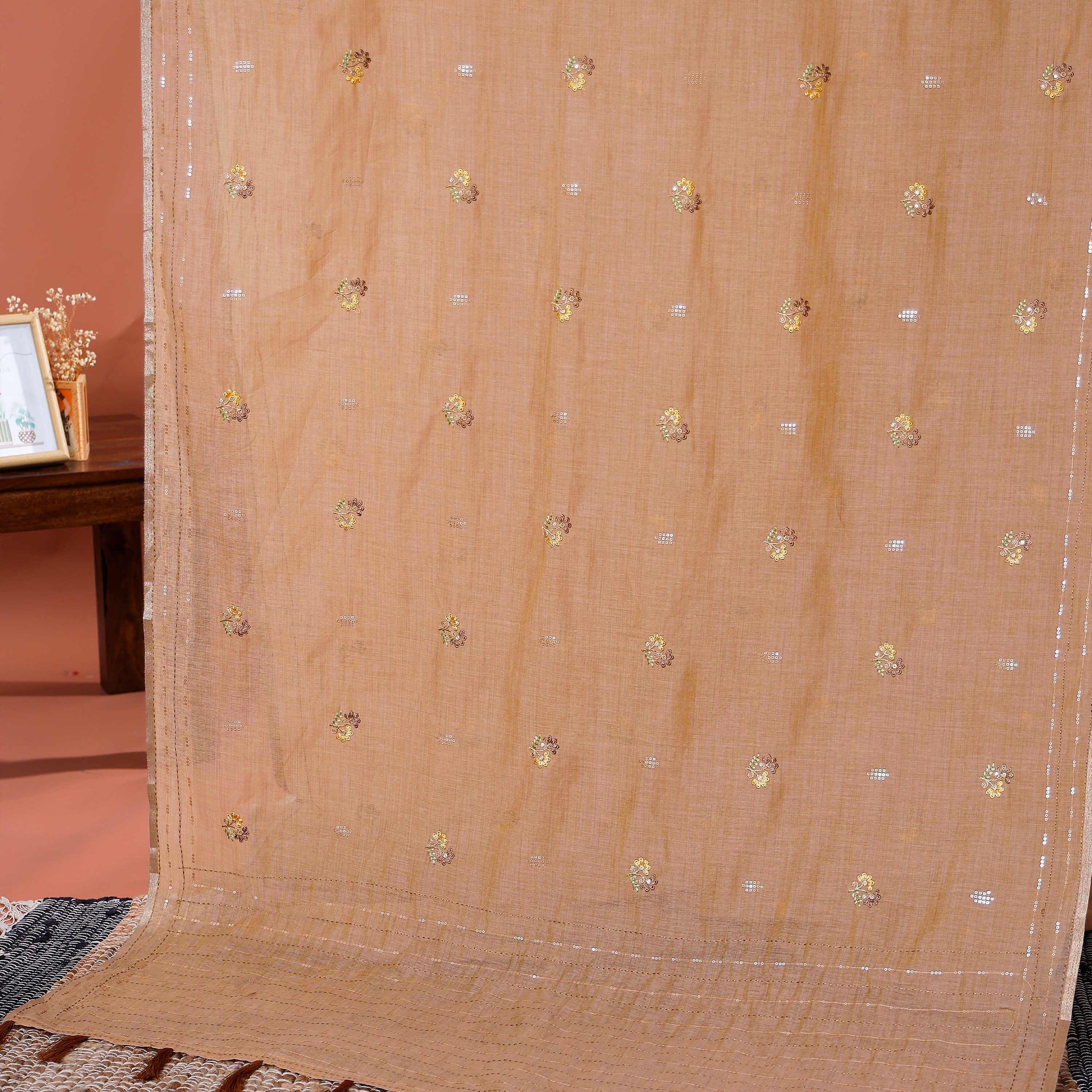 Elegant Linen Cotton Saree with Floral Embroidered and Tasselled Pallu - Peach