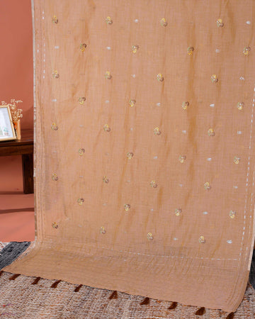 Elegant Linen Cotton Saree with Floral Embroidered and Tasselled Pallu - Peach