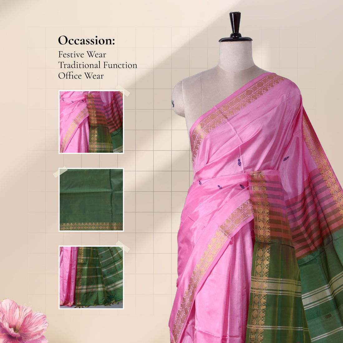 Light Pink Banana Pith Semi Silk Saree for Women | Wedding & Festive occasion | Jeyachandran - Full View