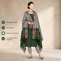Bottle Green Cotton Salwar Material With Grey Contrast Dupatta Striped Border And Tassel Detail Illustrated Front View