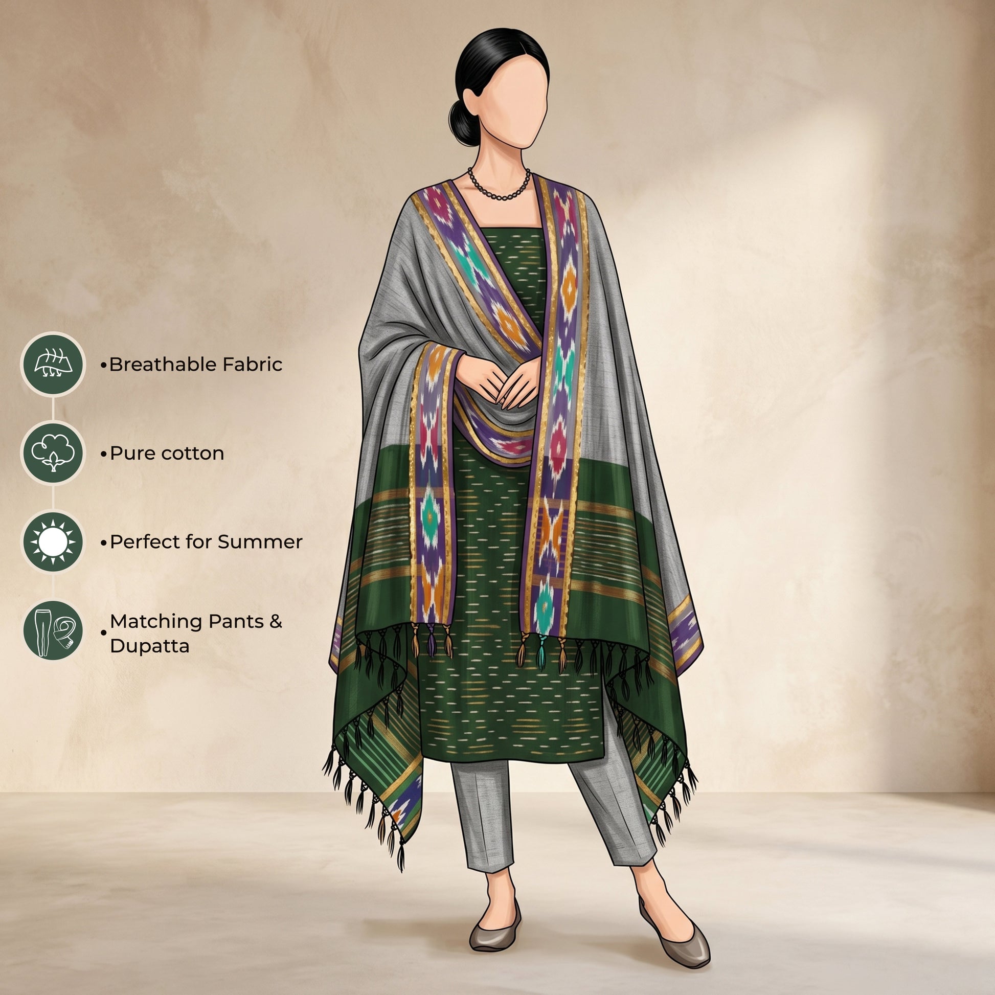 Bottle Green Cotton Salwar Material With Grey Contrast Dupatta Striped Border And Tassel Detail Illustrated Front View