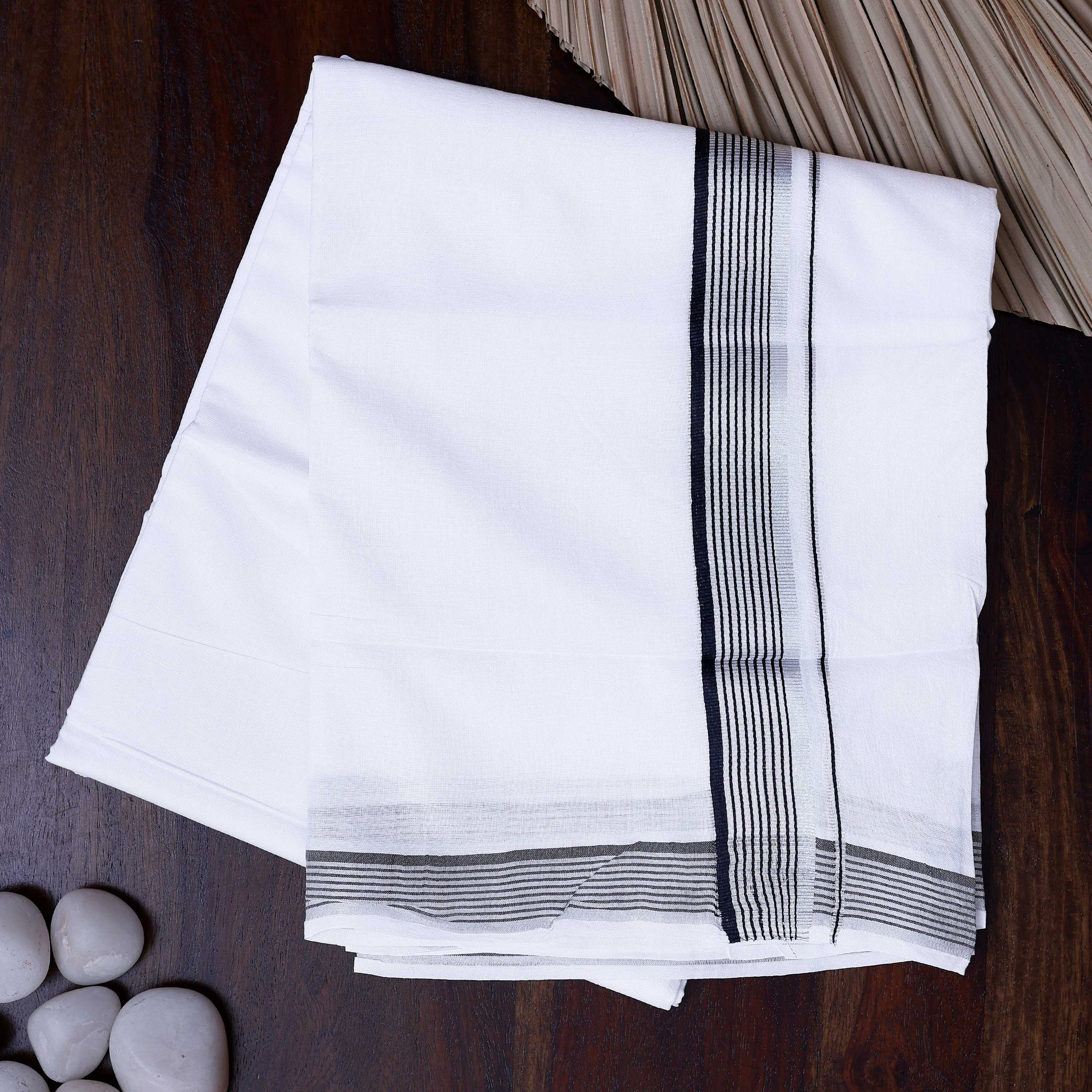 Men's Traditional Handwoven Cotton Dhoti with Black Striped Border and Elegant Finish - White