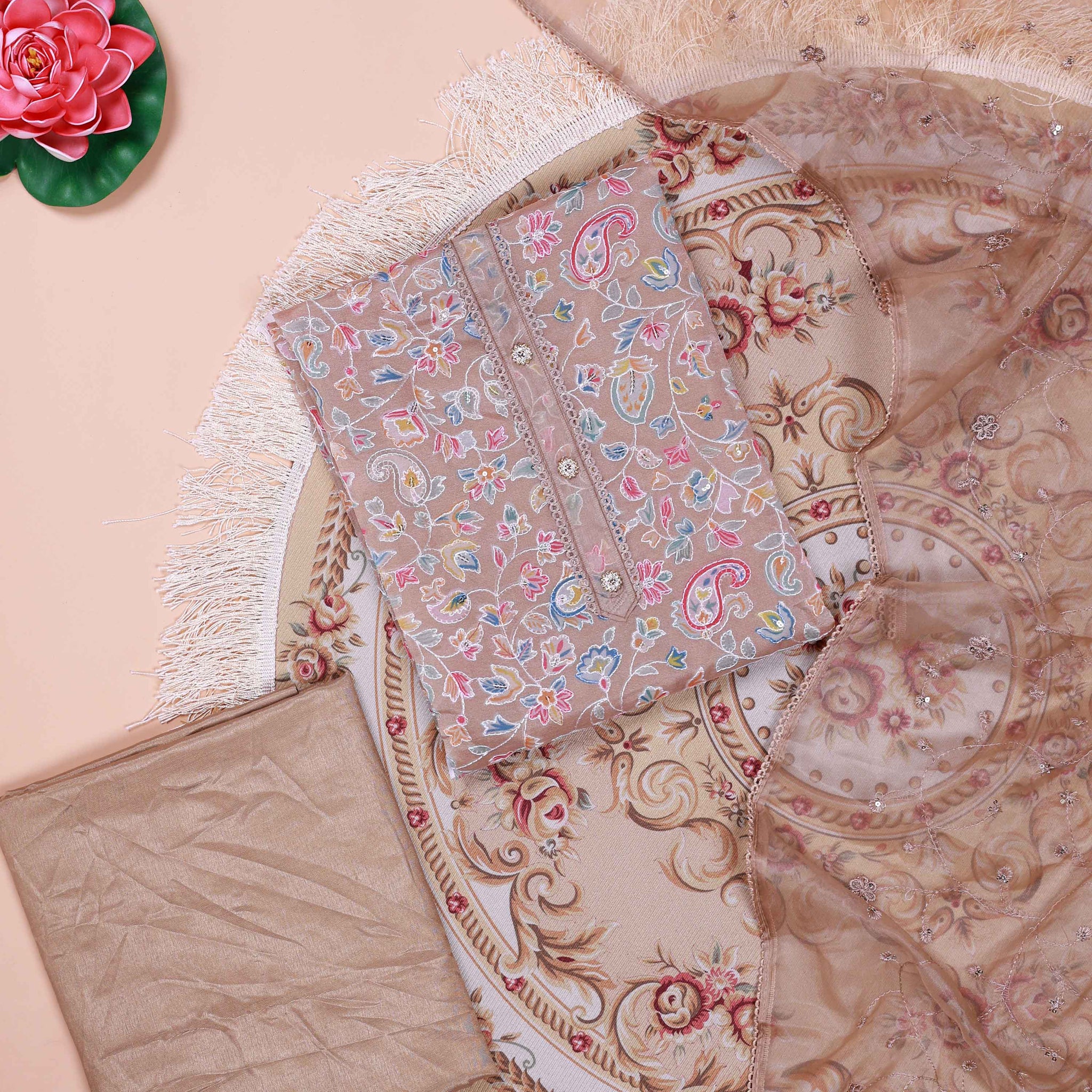 Women's Floral Embroidered Salwar Suit Material with Beaded Neckline and Net Dupatta - Brown