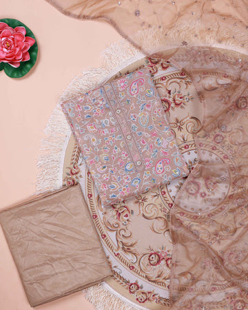 Women's Floral Embroidered Salwar Suit Material with Beaded Neckline and Net Dupatta - Brown