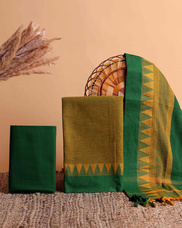Women's Ethnic Cotton Handloom Unstitched Salwar Suit Set Top 2.5m, Pant 2m, Dupatta 2.25m with Temple Border - Olive Green