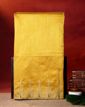 Traditional Paithani Inspired Raw Silk Saree with Butti Motifs and Elegant Temple Inspired Border - Yellow