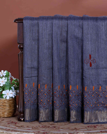 Elegant Kantha Hand Embroidered Saree with Intricate Floral Motif and Contrast Border - Grey