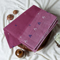 Onion Pink Bengal Cotton Saree With Contrast White Striped Border And Woven Motifs Close Up Draped View