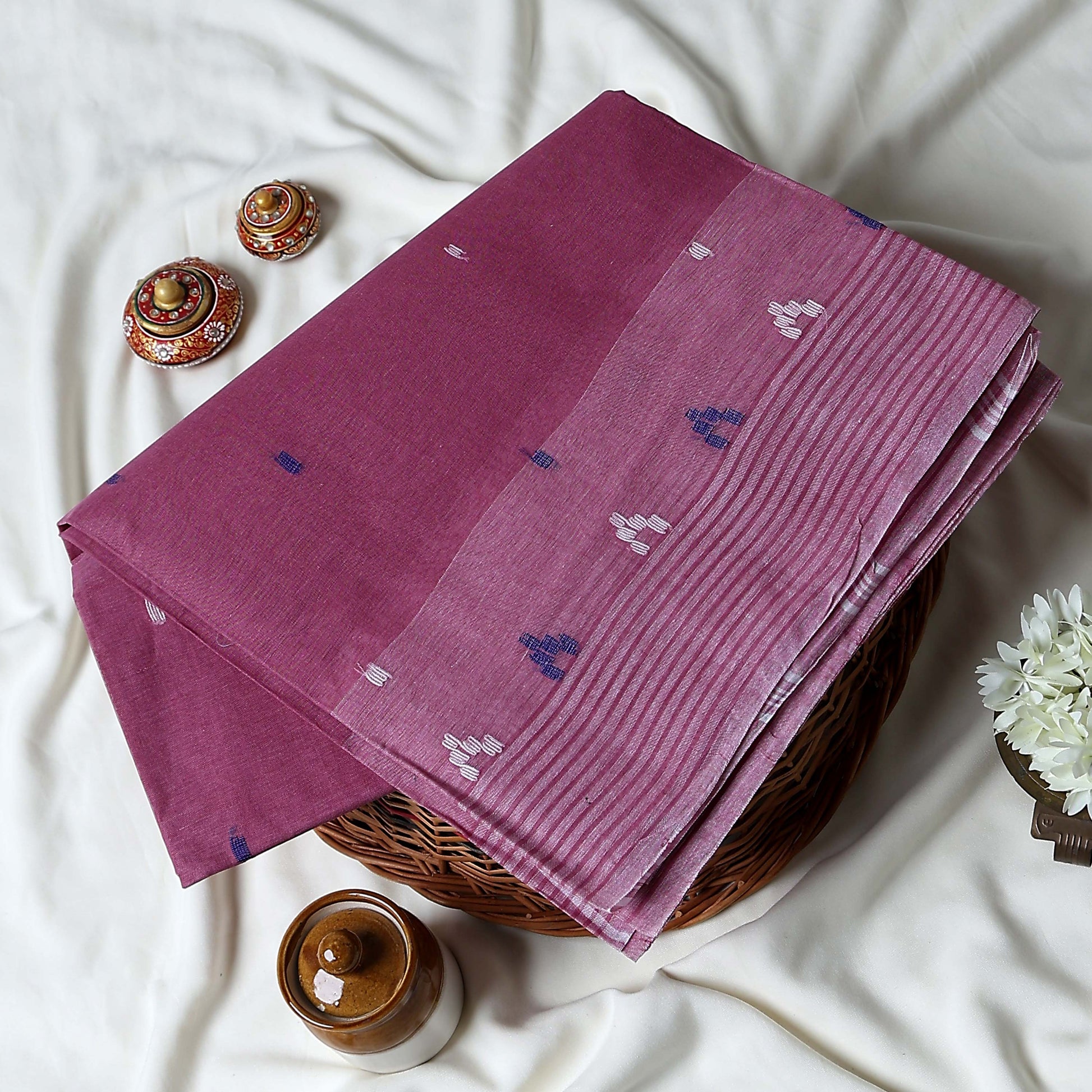Onion Pink Bengal Cotton Saree With Contrast White Striped Border And Woven Motifs Close Up Draped View