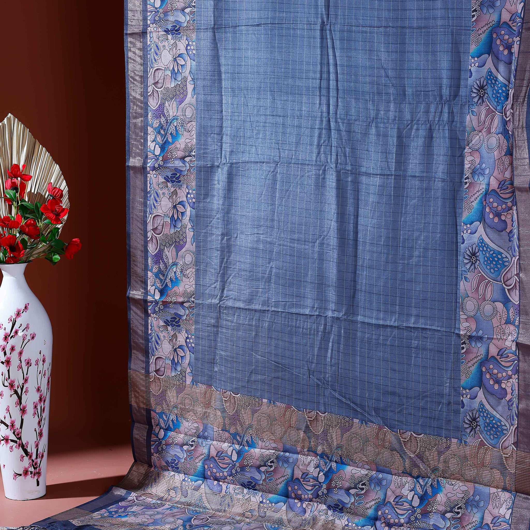 Elegant Kantha Cotton Saree with Subtle Checkered Weave and Artistic Floral Patterned Border - Blue