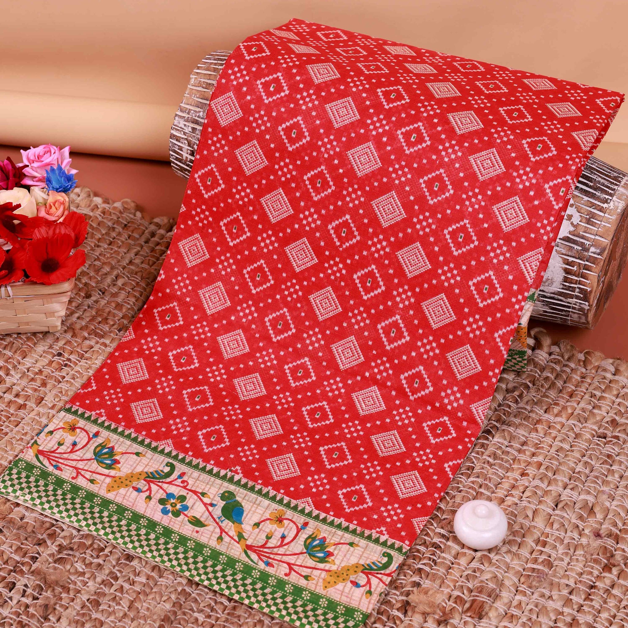 All-Over Floral Printed Voile Saree with Intricate Contrast Border – Red