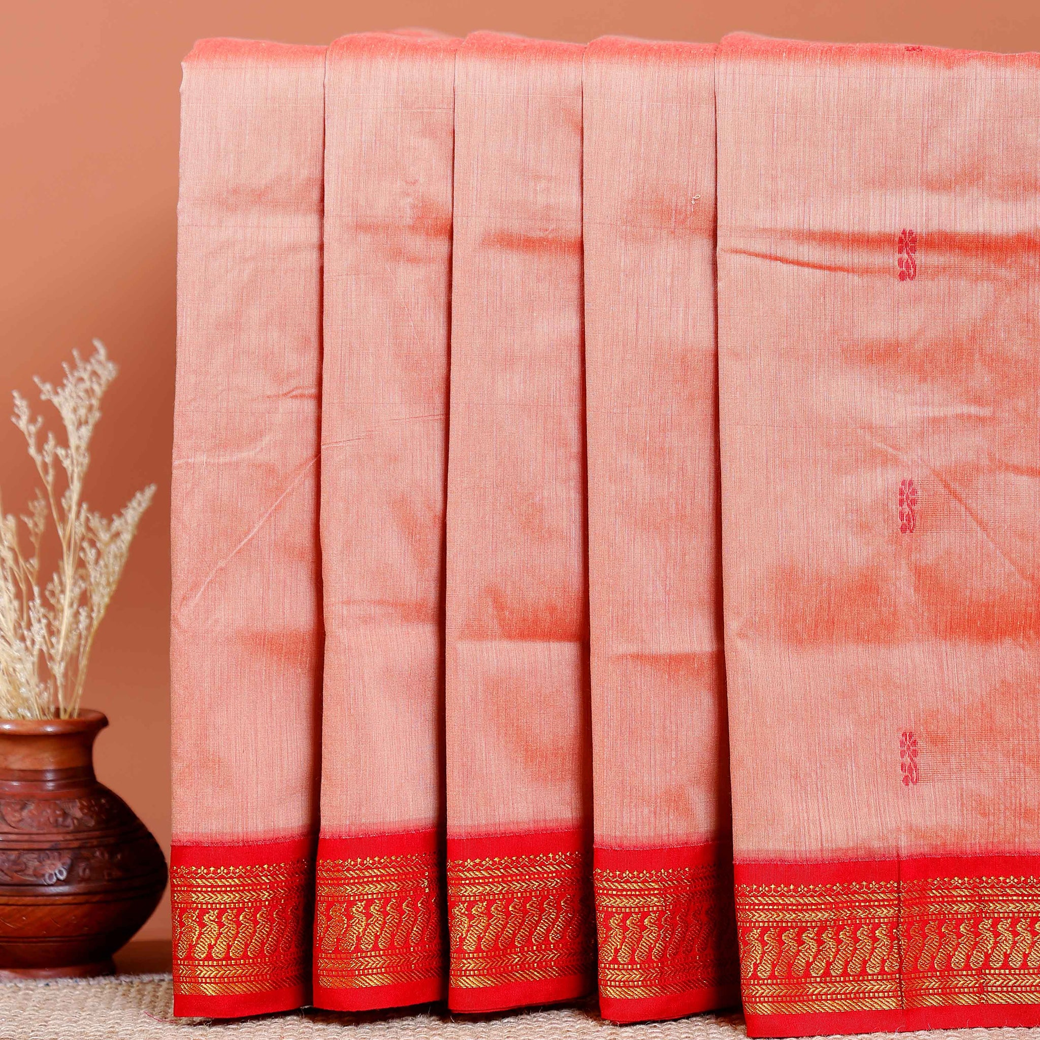 Handloom Kalyani Cotton Saree with Intricate Zari Woven Border - Peach