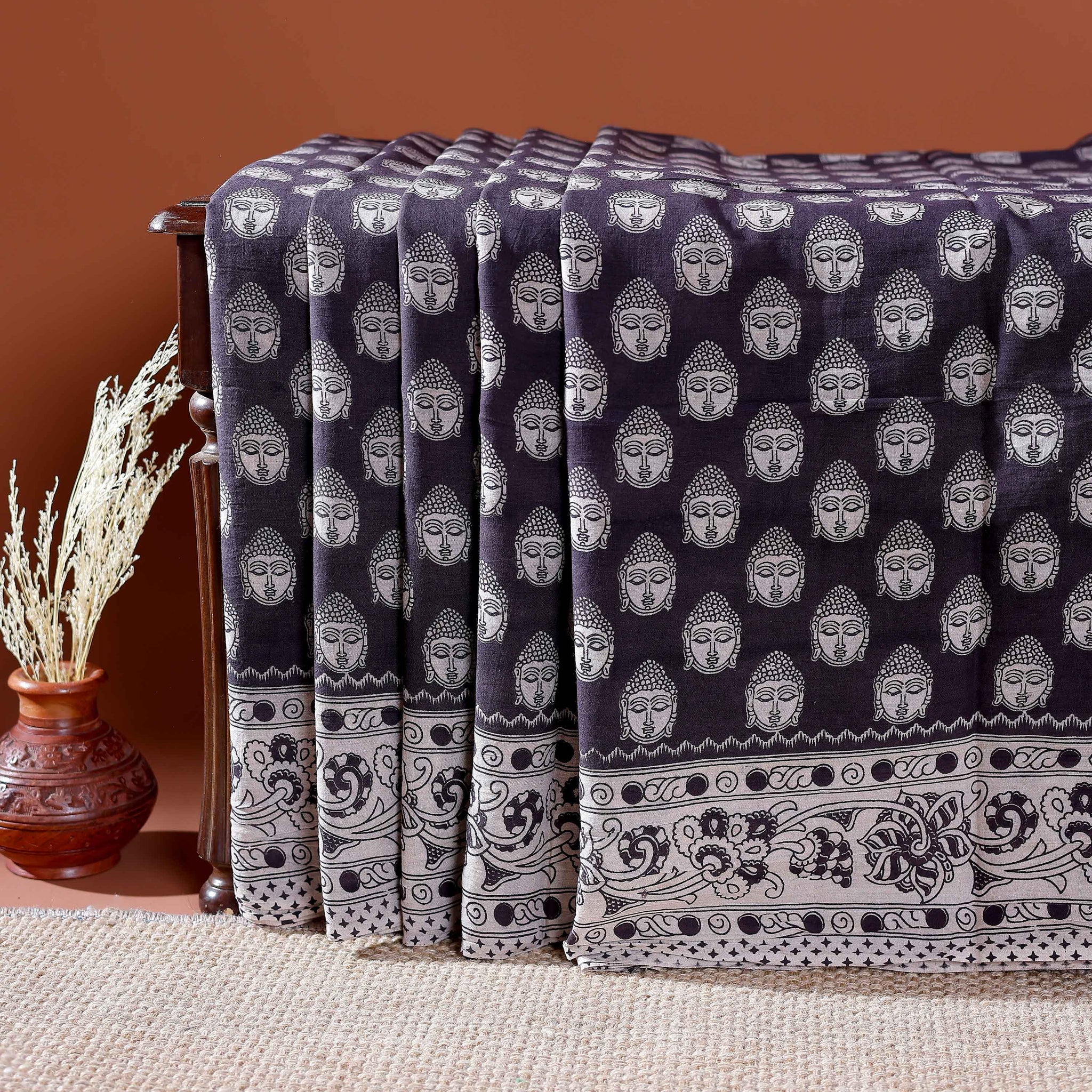 Traditional Handloom Kalamkari Cotton Saree with Intricate Floral and Avian Motifs - Navy Blue