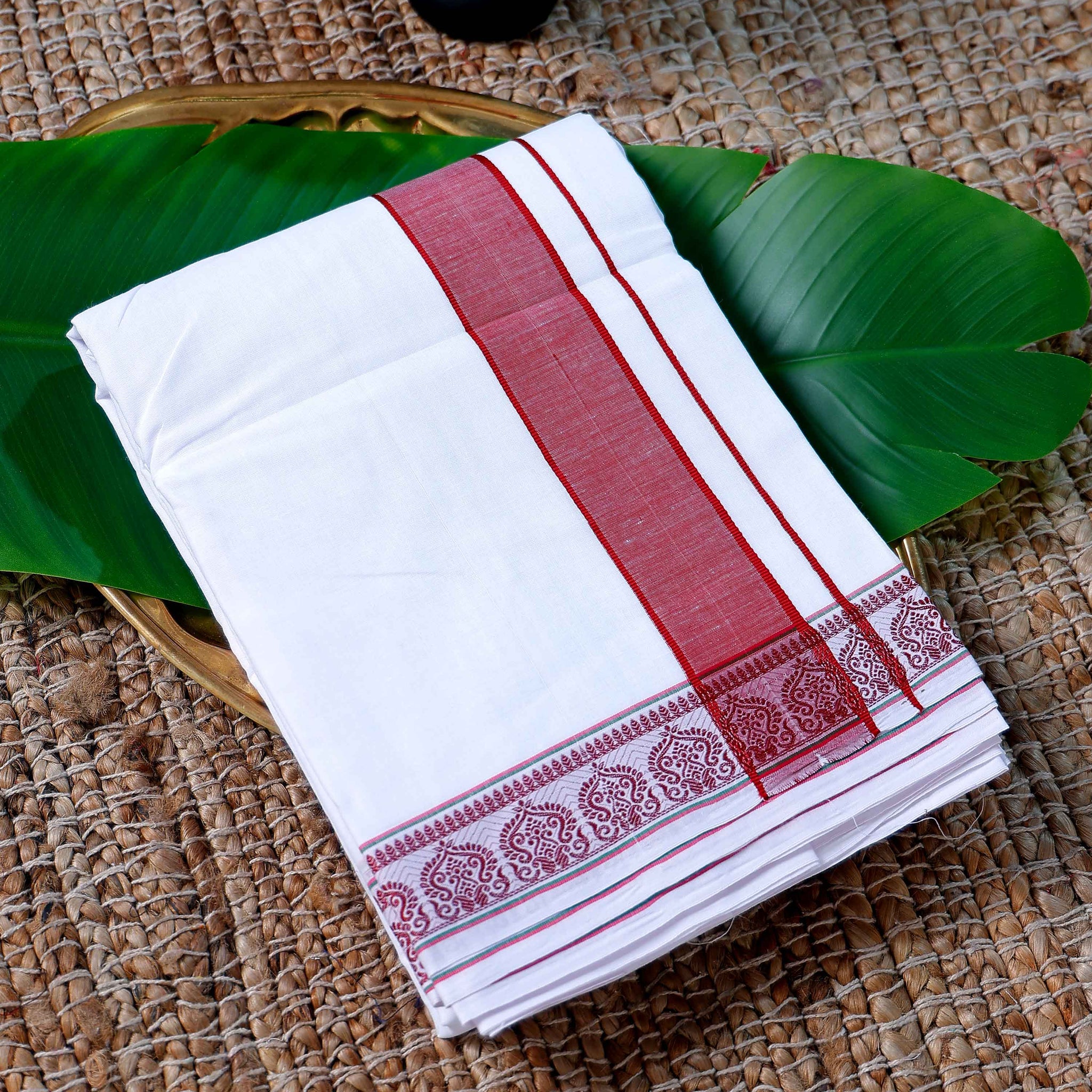 Men’s Cotton Dhoti with Maroon Colour Border - White