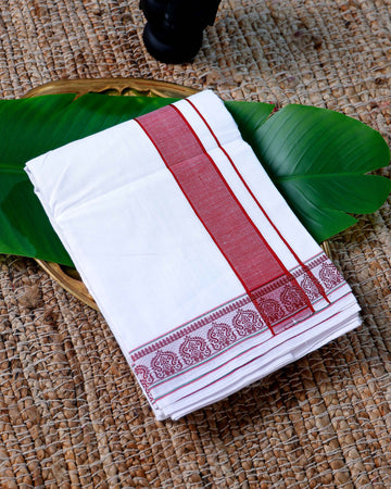 Men’s Cotton Dhoti with Maroon Colour Border - White