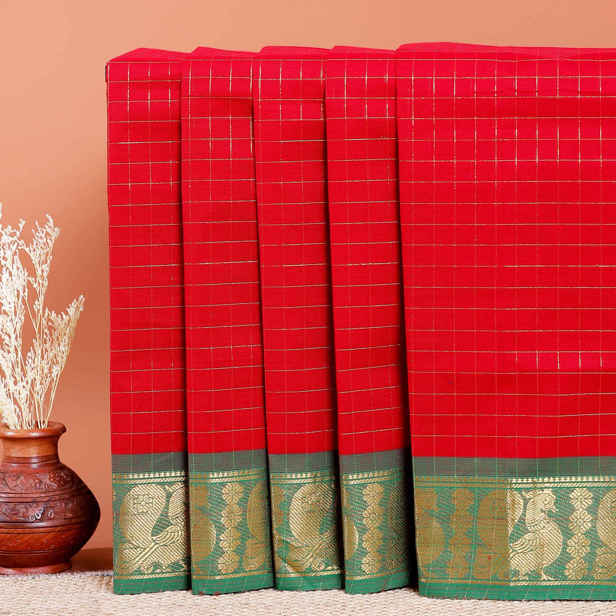 Chettinad Cotton Saree with Fine Checked Weave and Peacock Zari Border - Red