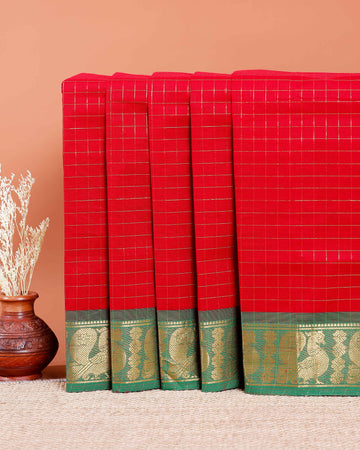 Chettinad Cotton Saree with Fine Checked Weave and Peacock Zari Border - Red
