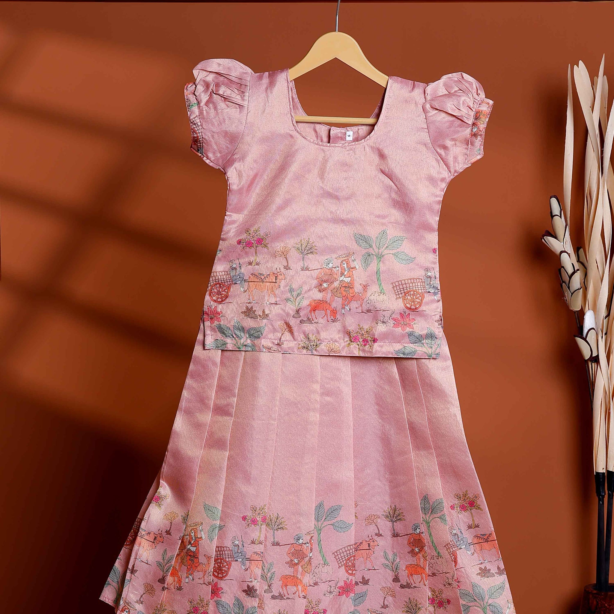 Kids Readymade Pattu Pavadai Set with Embellished Neck Puff Sleeve Blouse and Printed Silk Skirt - Rose Pink
