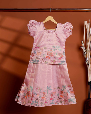 Kids Readymade Pattu Pavadai Set with Embellished Neck Puff Sleeve Blouse and Printed Silk Skirt - Rose Pink
