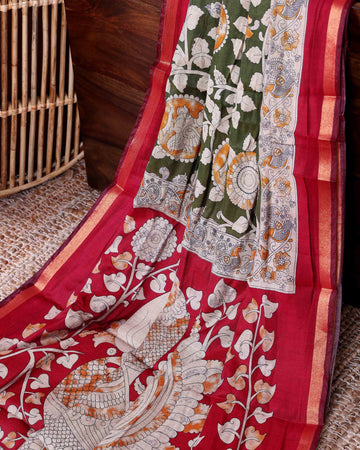 Elegant Traditional Semi Chanderi Kalamkari Saree with Peacock and Floral Motifs with Woven Border - Green