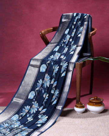 Elegant All Over Floral Printed Georgette Saree with Artistic Botanical Motifs and Elegant Woven Border  - Navy Blue