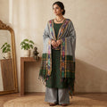 Bottle Green Cotton Salwar Material With Striped Weave Grey Dupatta And Striped Border Front View