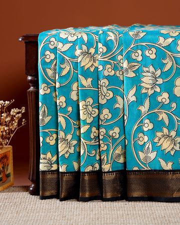 Traditional Mangalagiri Kalamkari Cotton Saree with Intricate Floral and Avian Motifs - Blue