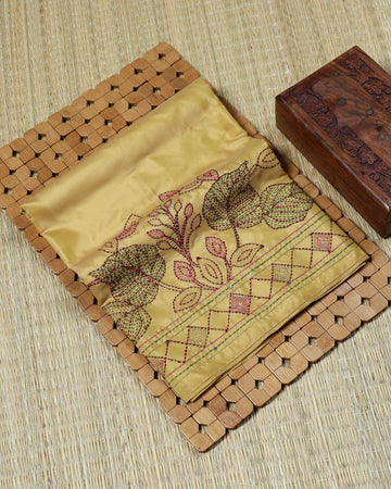Elegant Women’s Blouse Material with Handcrafted Floral Embroidery and Elegant Geometric Border Design - Golden Yellow