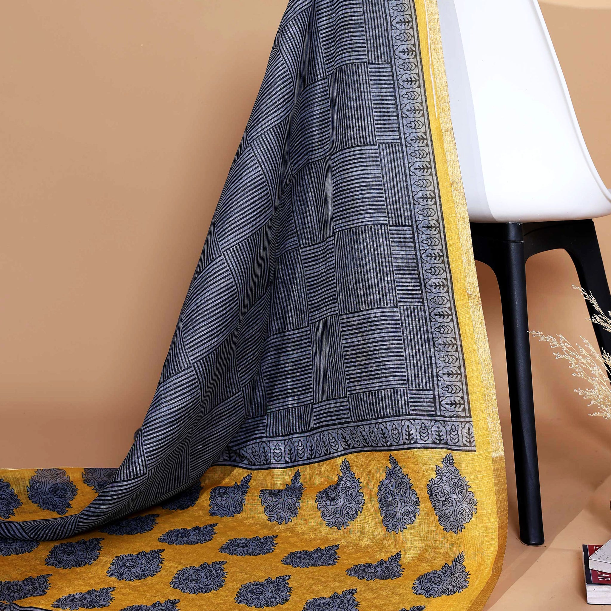 Ethnic Grey Linen saree with Multi-color Paisley and Floral Design