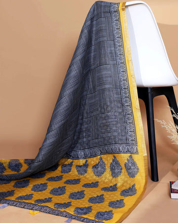 Ethnic Grey Linen saree with Multi-color Paisley and Floral Design