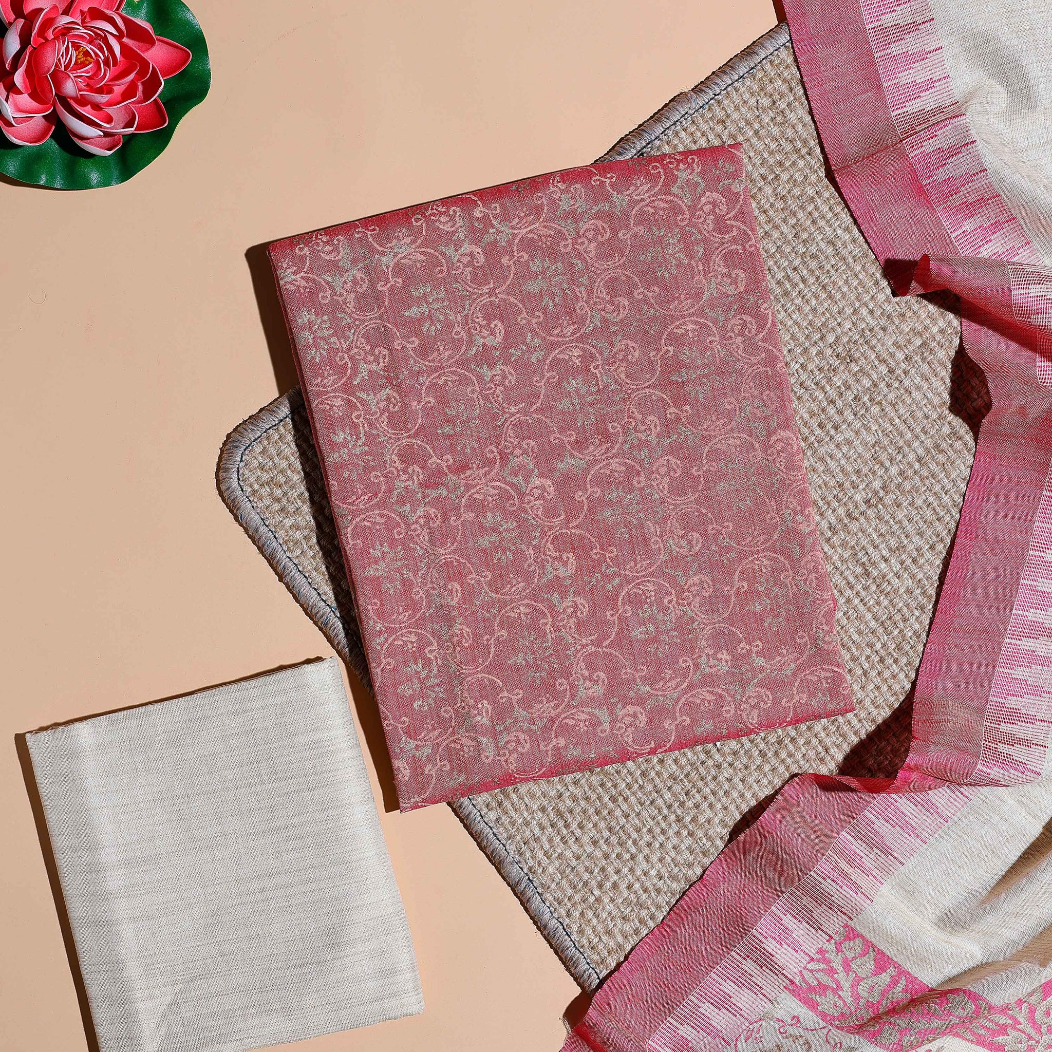 Women's Handwoven Floral Patterned Salwar Material with Intricate Weave and Complementary Dupatta - Pink