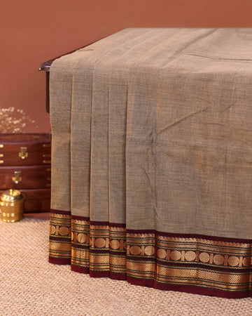 Traditional Handloom Chettinad Cotton Saree with Plain Body and Rich Zari Woven Border - Brown