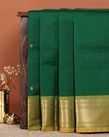 Traditional Handloom Chettinad Cotton Saree with Zari Woven Temple Border and Elegant Small Butta Motifs - Green