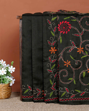 Elegant Hand Embroidered Kantha Work Tussar Saree with Detailed Floral Motifs - Dark Grey