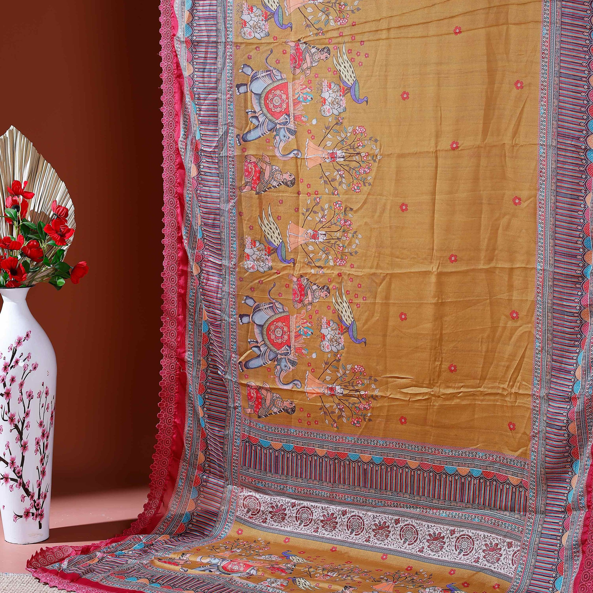 Designer Georgette Saree with Royal Procession Print and Intricately Woven Traditional Border - Mustard