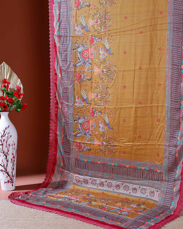 Designer Georgette Saree with Royal Procession Print and Intricately Woven Traditional Border - Mustard